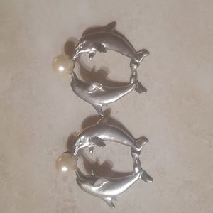 Chunky Pewter Dolphin Earrings Signed Maurice Milleur 1994